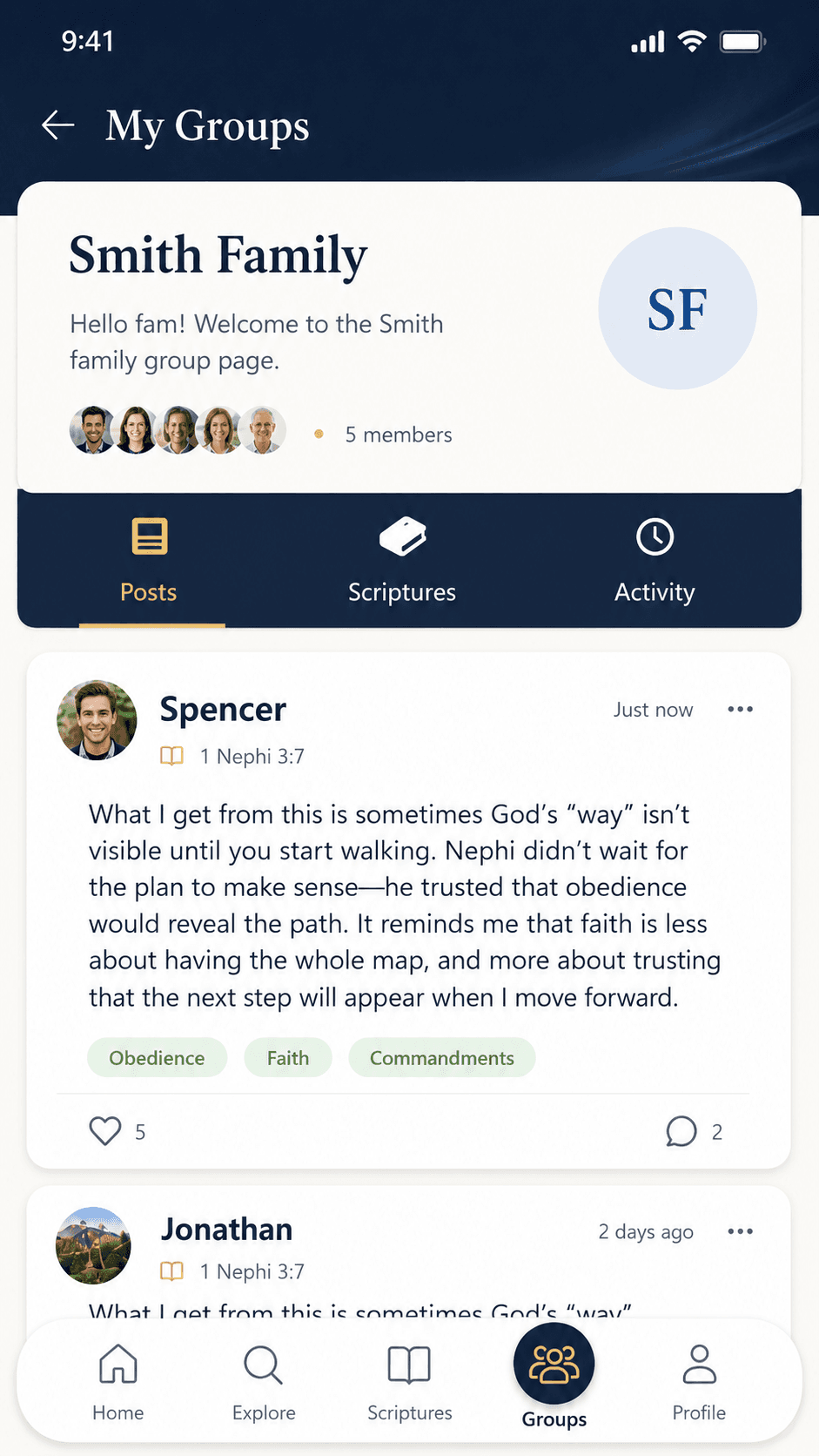 Refuge group page with scripture posts and group navigation